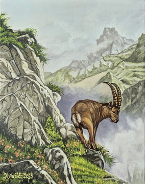 Kozorog na gori, olje-platno, 40x50 cm, 2025, Jože Anžič